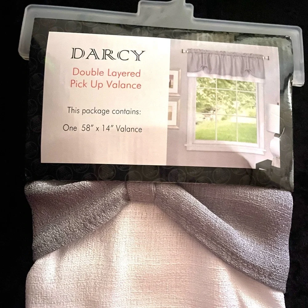 DARCY Double Layered Pick Up Valance / 58” x 14” Silver/Grey White NEW NIP